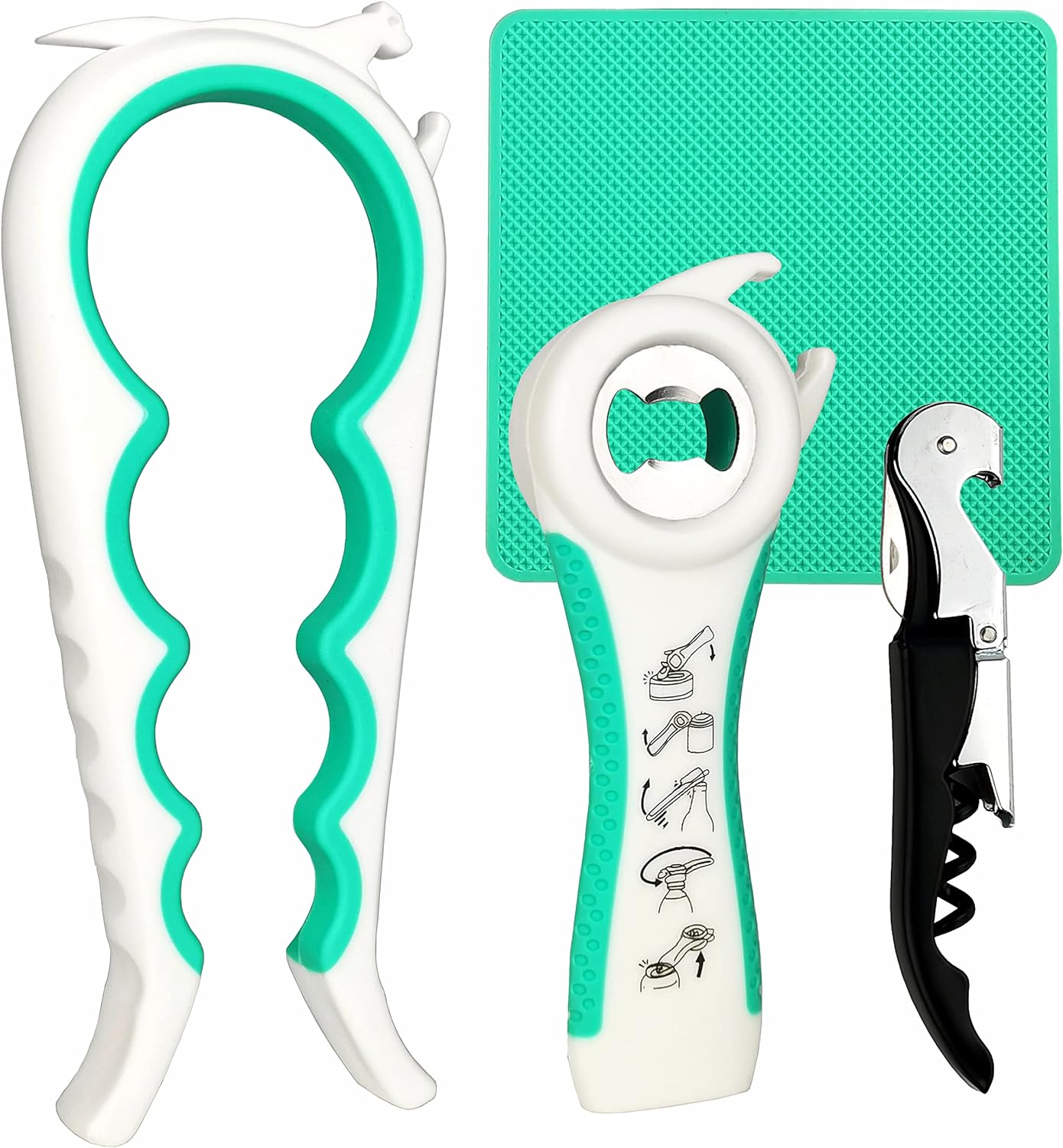 Jar Opener for Weak Hands, Seniors with Arthritis, 5 in 1 Bottle Opener | Multi-use Lid Opener Set with Non-slip Rubber Gripper Pad & Wine Opener, Great for Senior Parents, Grandparents or Loved Ones
