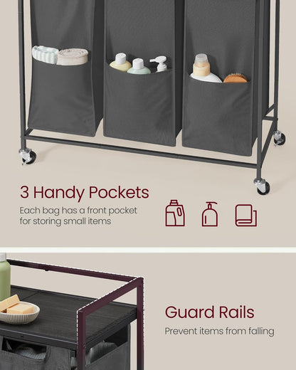 VASAGLE Laundry Sorter, 29 Gal. (110 L) Laundry Hamper Basket with 2 Compartments, Rolling Cart with Wheels, Shelf, Removable Bags, Pockets, Ink Black and Rustic Brown UBLH021B01