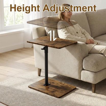 YUHFERA Sofa Armrest Tray Table for Couch - 360° Swivel Height Adjustable End for Small Spaces, Snack Side Table for Bed or Chair with Phone & Tablet Slot (Rustic,Standard)