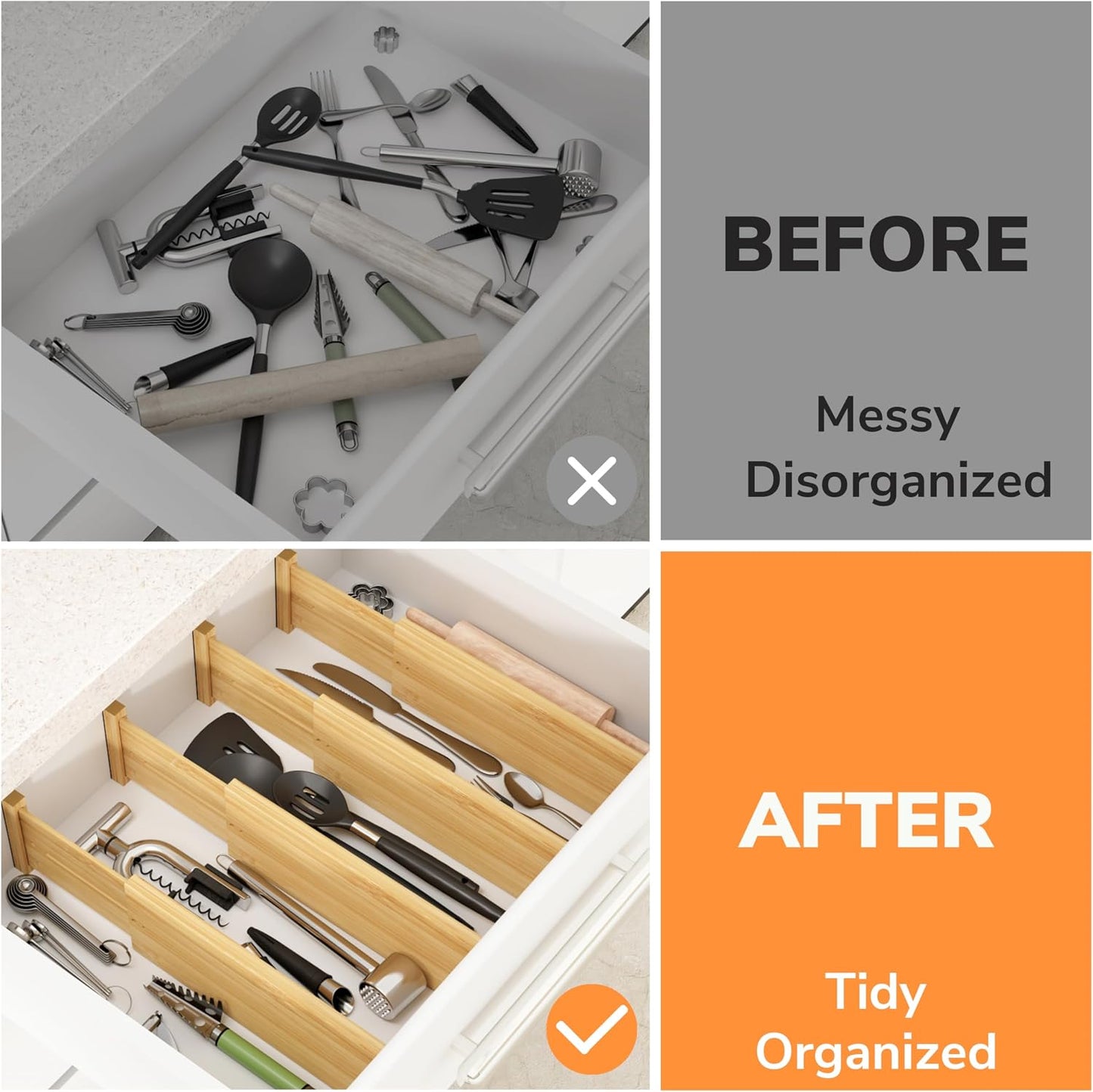 BAMEOS Bamboo Expandable Drawer Dividers – Fits 16.6"–22" Drawers, 2" High, Set of 4 | Spring-Loaded Bamboo Separator for Kitchen Island, Bathroom Vanity & Dresser Drawers