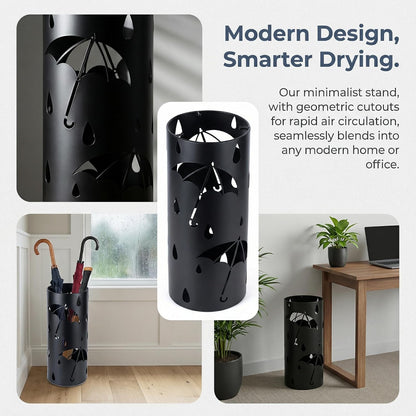 BEWBBAT Metal Umbrella Stand Rack for Entryway, Black Round Free Standing Umbrella Holder Organizer Bin with 3 Hooks for Walk Stick, Home Office Indoor, 17 x 7 Inch
