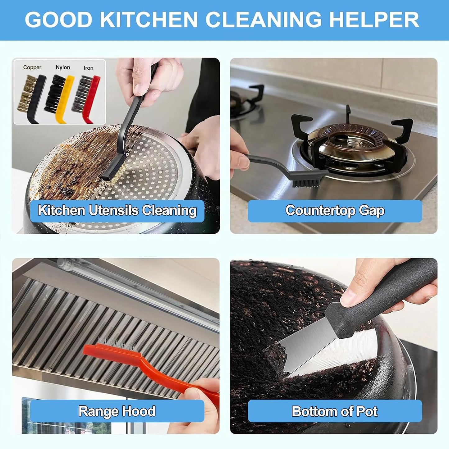 12Pcs Crevice Cleaning Brush Set, Hard Bristle Multi-Purpose Household Cleaning Tools for Kitchen Bathroom Tile Grout Window Track, Bamboo Pot Brush + Copper Wire Brush + Scraper
