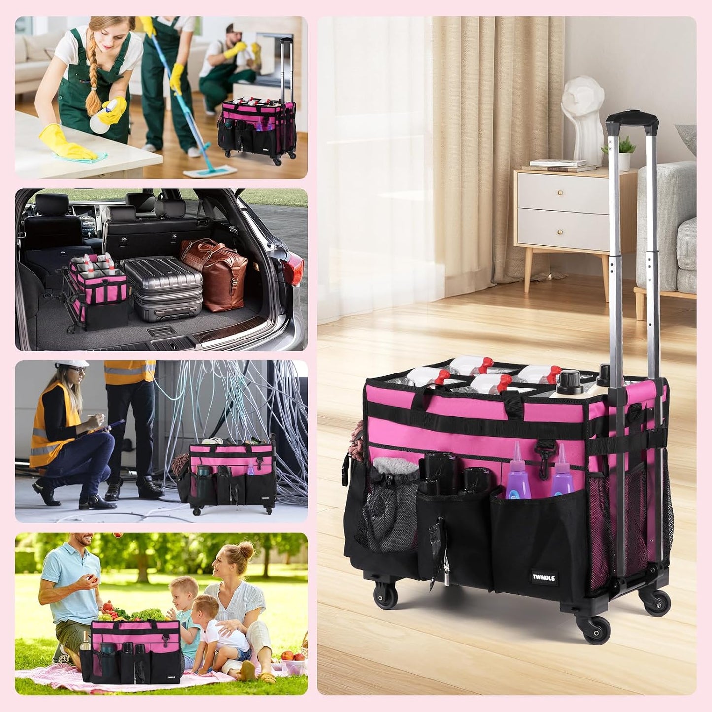 Extra Large Cleaning Caddy Bag with Built-In Support Board, Cleaning Tote Organizer with Removable Divider, Supply Carryall with Adjustable Shoulder Strap and Waist Belt for Cleaners & Housekeeper