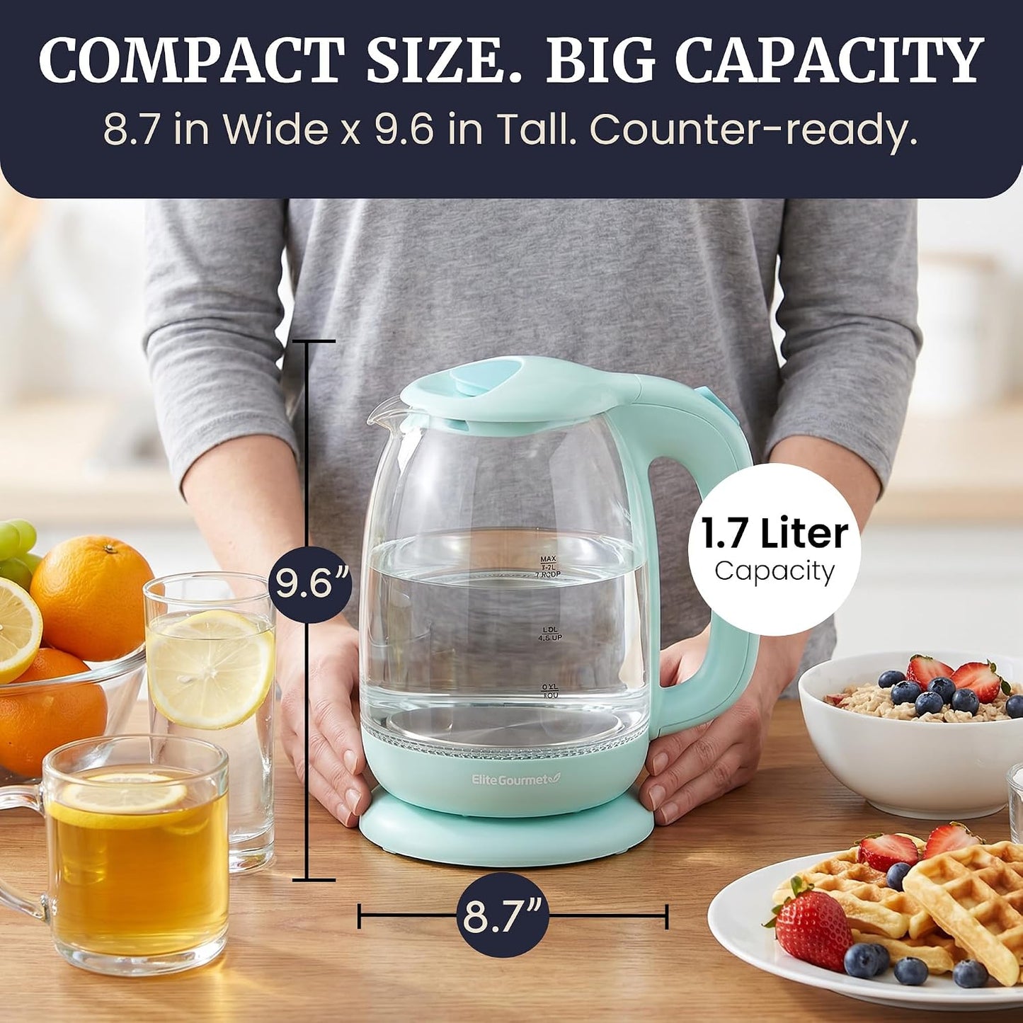 Elite Gourmet EKT1792M 1.7L Glass Kettle, Blue LED, Rapid Boil, 7.2 Cups | Auto Shut-Off, Boil-Dry Protection, 360° Cordless Base, Hot Water for Tea, Coffee & Oatmeal