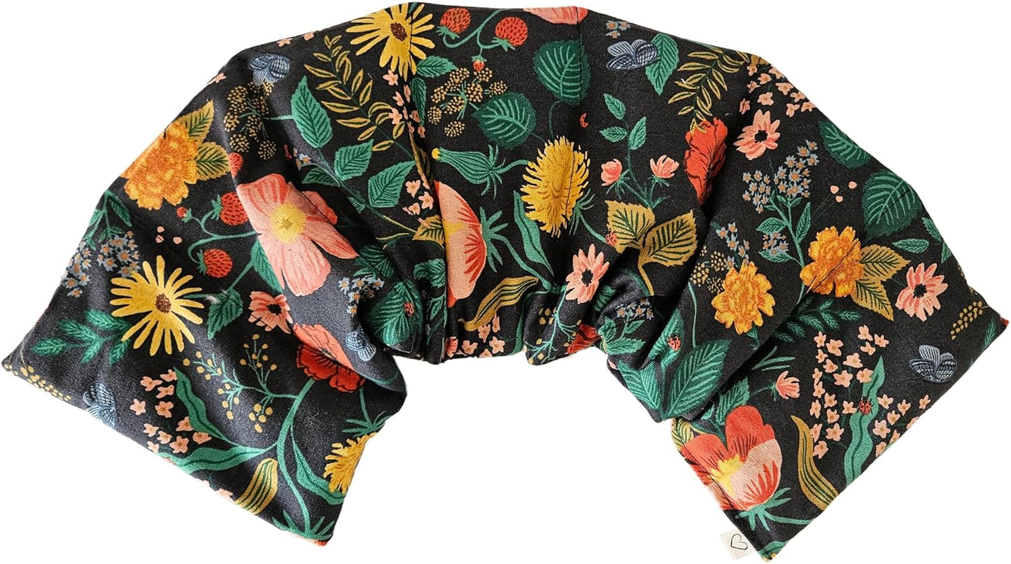 Microwavable LOVEwrap Neck & Shoulder Wrap Pad - Aroma - 6 X 24- Flax w/fine Mist of Calming Lavender Oil - subtly Scented - All Natural - Hot Cold Therapy Muscles Pain Relief - Orange Blue Flowers