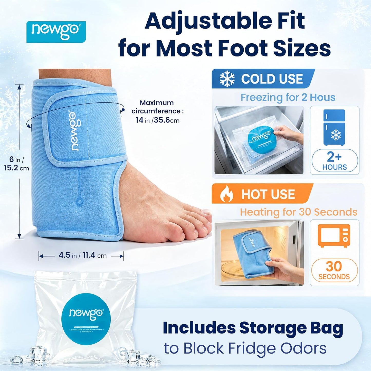 NEWGO Ankle Ice Pack Wrap for Plantar Fasciitis, Swelling & Sprain Relief | Reusable Heel Pain Relief, Stay Cold Longer, Flexible Gel, Leakproof, Easy to Wear, Achilles Tendonitis, Injury Recovery