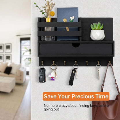 dreampossible Key and Mail Holder for Wall, Mail Organizer Wall Mount with 6 Hooks and Storage Drawer, Wooden Key Rack Hanger with Shelf for Entryway and Home Decor