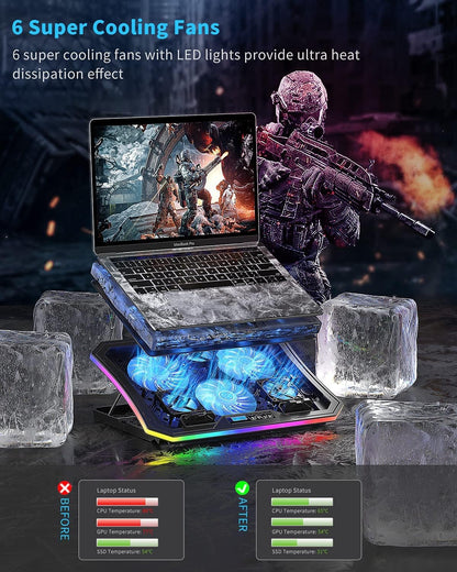 KeiBn Upgarde Laptop Cooling Pad, RGB Lights Laptop Cooler 6 Fans for 15.6-17.3 Inch Laptops, 7 Height Stands, 10 Modes Light, 2 USB Ports, Desk or Lap Use (A8,Blue)