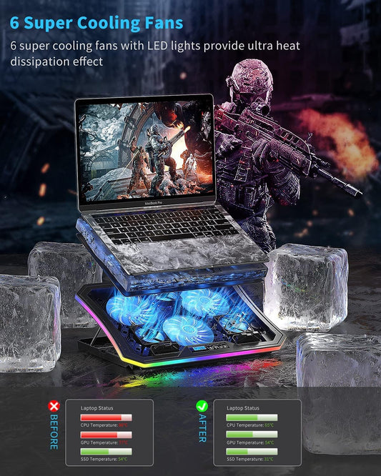 KeiBn Upgarde Laptop Cooling Pad, RGB Lights Laptop Cooler 6 Fans for 15.6-17.3 Inch Laptops, 7 Height Stands, 10 Modes Light, 2 USB Ports, Desk or Lap Use (A8,Blue)