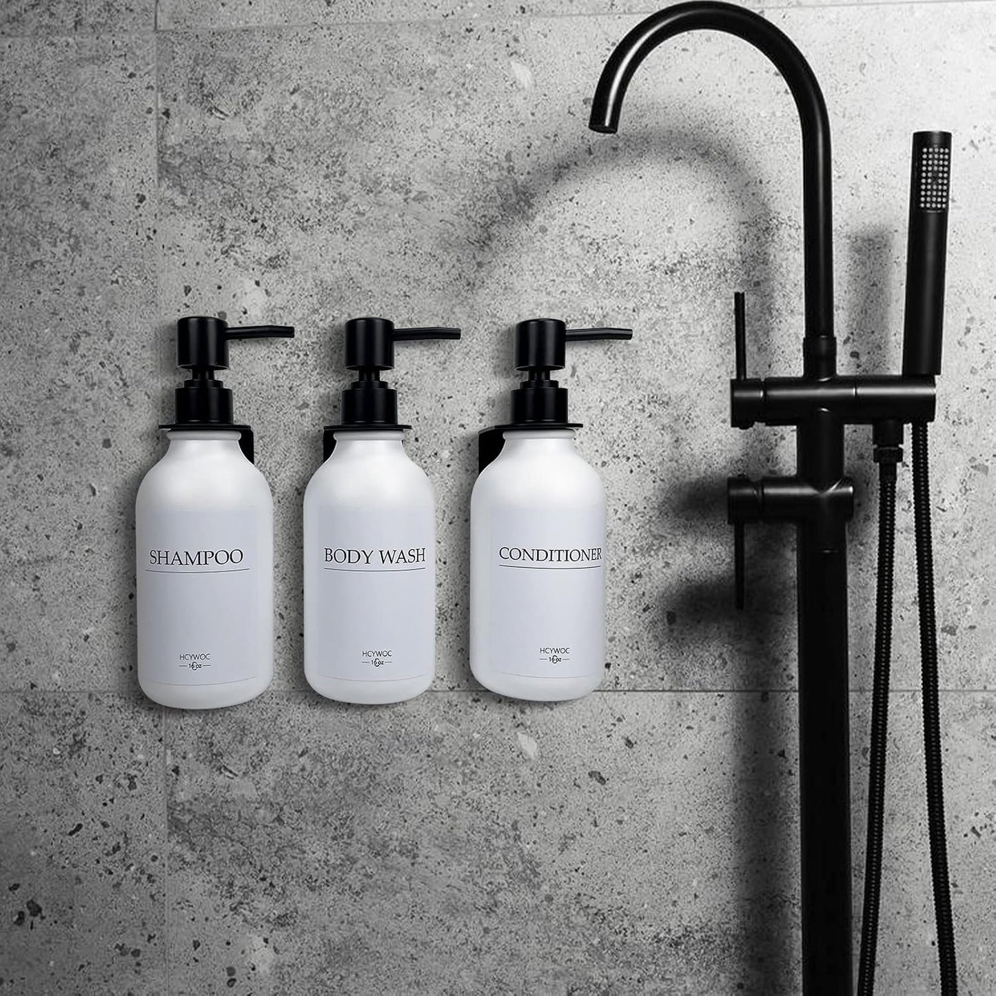 3 Pack Wall Mount Shower Dispenser, No Drill, 16 Waterproof Labels | Shampoo Dispenser for Shower Wall, Shampoo and Conditioner Dispenser, Bathroom, 17oz, Gold Amber