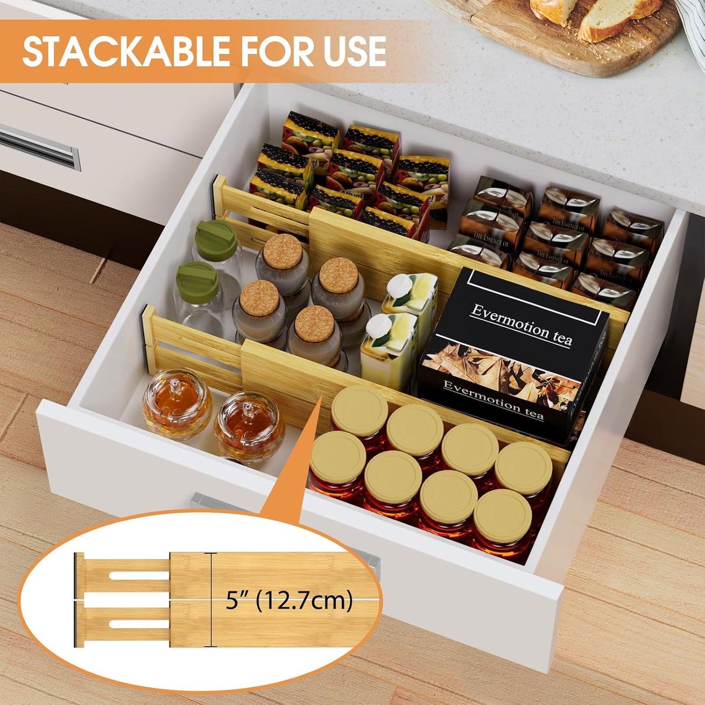 Bamboo Drawer Dividers, Adjustable Drawer Organizers, Fits 12.6–16" Drawers | 2.5" High, 4 Pack Expandable Drawer Separators for Kitchen, Nursery, Dressers & Office Storage, Natural
