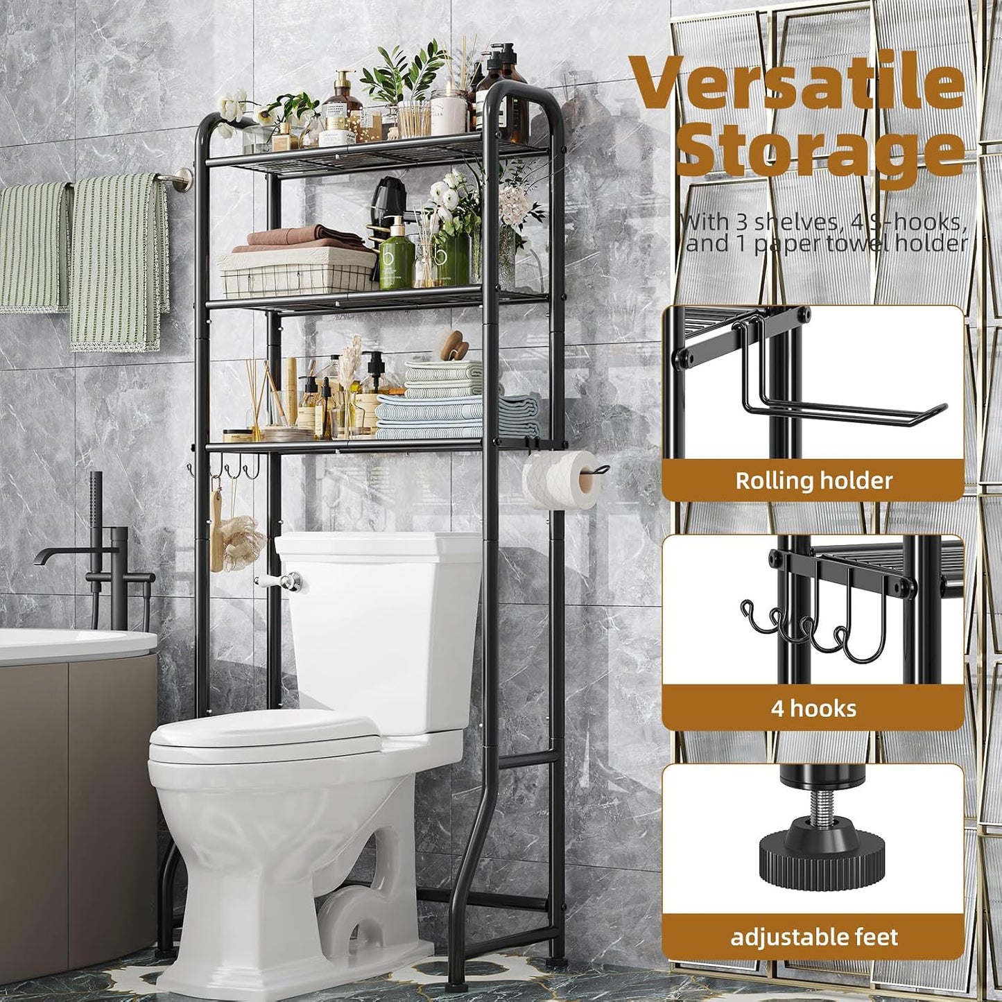 Simple Trending Over The Toilet Storage Cabinet, Metal Bathroom Shelf Organizer with Paper Holder and Hooks, 3 Tier, Black