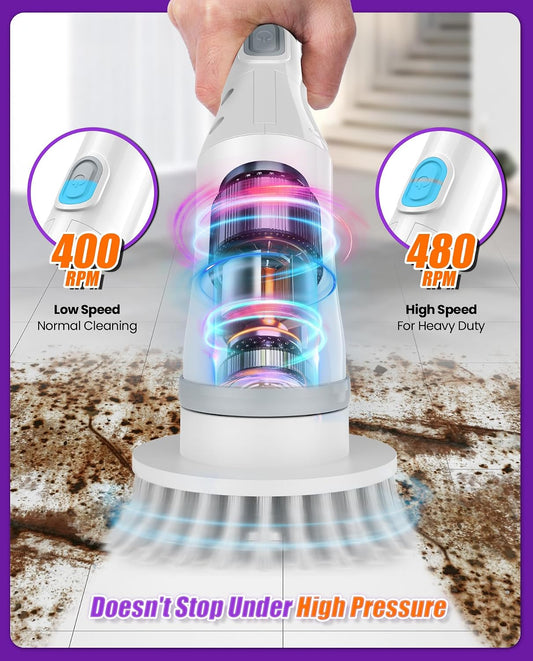 Cordless Electric Spin Scrubber, 8-in-1 Bathroom Cleaner | Bathroom scrubber, LED display, dual speeds, IPX7 waterproof, interchangeable heads for grout, tub, shower, wet-dry vacuum