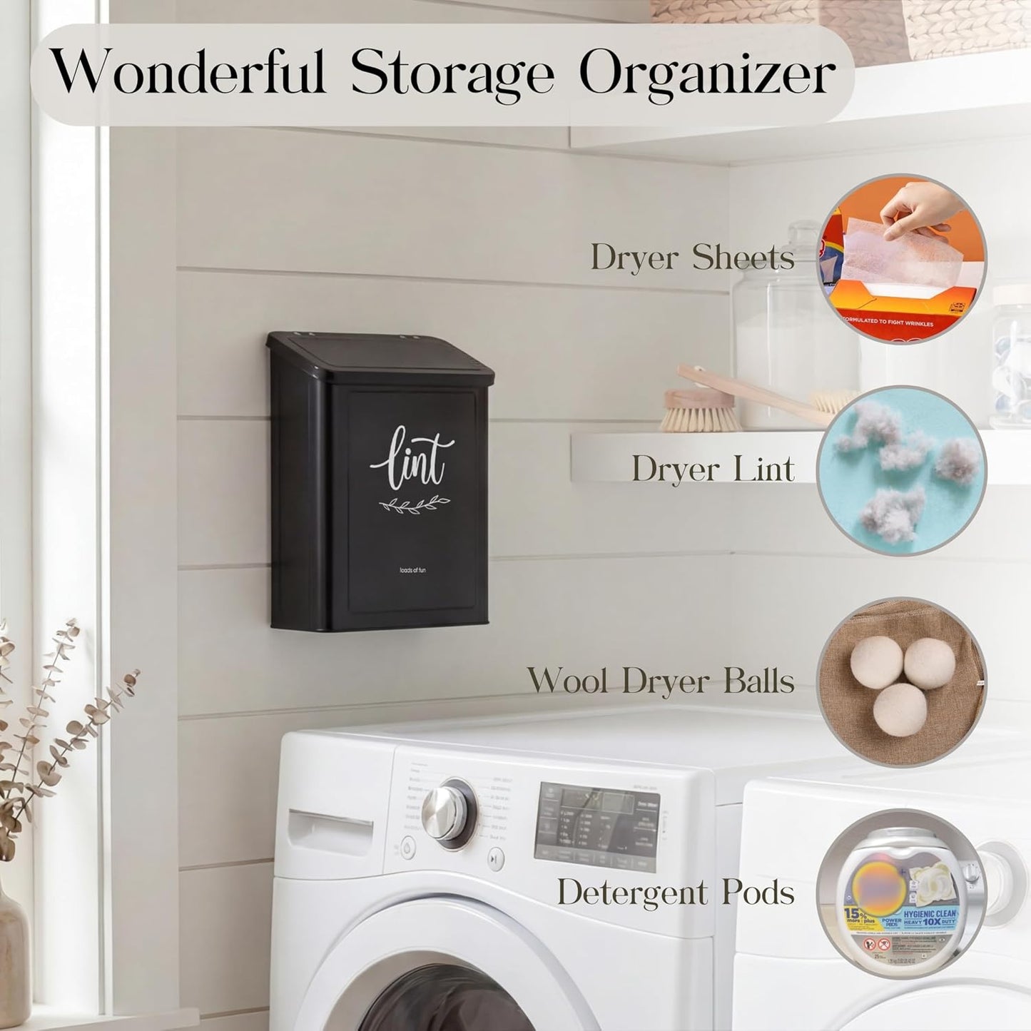 Perfnique Magnetic Lint Bin for Laundry Room with Lint Brush, Wall Mounted Lint Holder Trash can with lid for Dryer, Modern Farmhouse Rustic Metal Laundry Room Storage Organization and Decor(White)