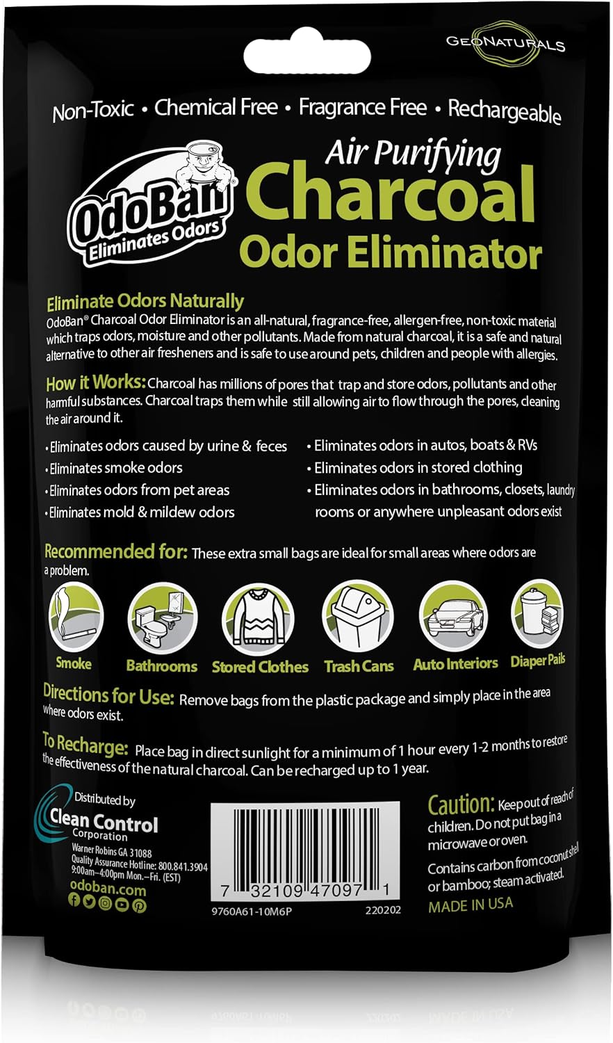 OdoBan Air Purifying Charcoal Natural Odor Eliminator, Non-Toxic Formula, Made in the USA, Fragrance Free, 200 Gram Bag