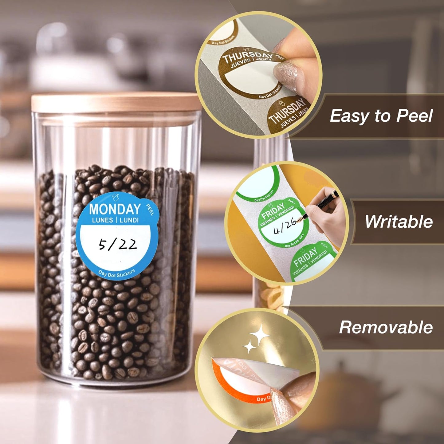 7000 Pcs 1 Inch Removable Day Dots Food Labels | 7 Rolls Date Stickers for Food, No-Residue Left, Day Labels for Restaurant Kitchen Containers, Self Adhesive Day Dot Sticker
