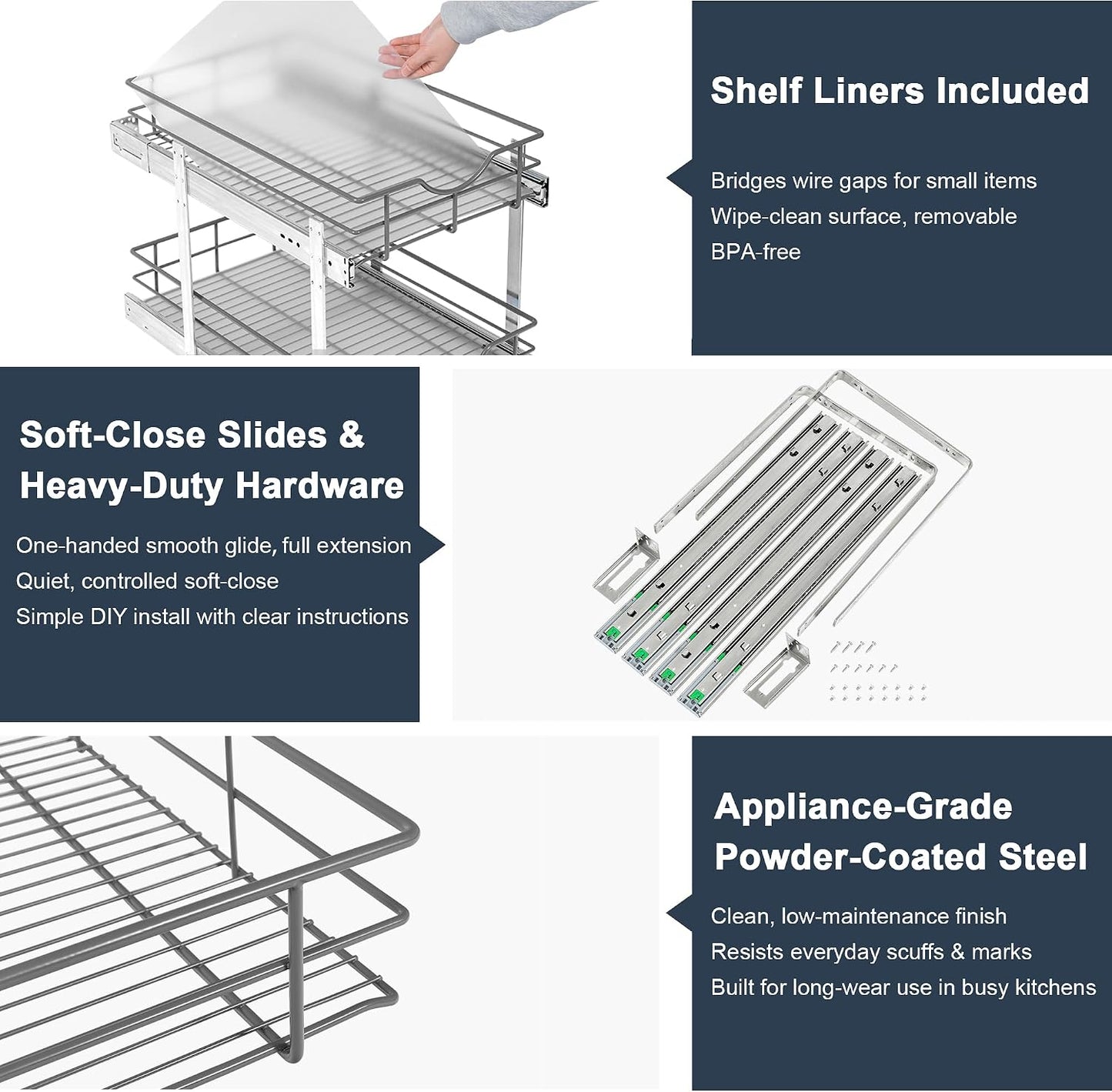 2 Tier Pull Out Cabinet Organizer - 20" W x 22" D Soft Close Slide Out Shelves with Shelf Liners - Pullout Drawers for Kitchen Cabinets, Pantry, Bathroom, Heavy Duty Steel Wire Baskets
