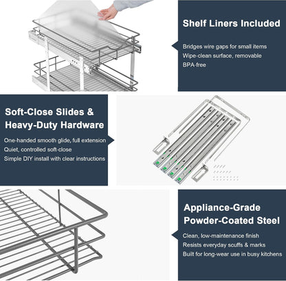2 Tier Pull Out Cabinet Organizer - 20" W x 22" D Soft Close Slide Out Shelves with Shelf Liners - Pullout Drawers for Kitchen Cabinets, Pantry, Bathroom, Heavy Duty Steel Wire Baskets