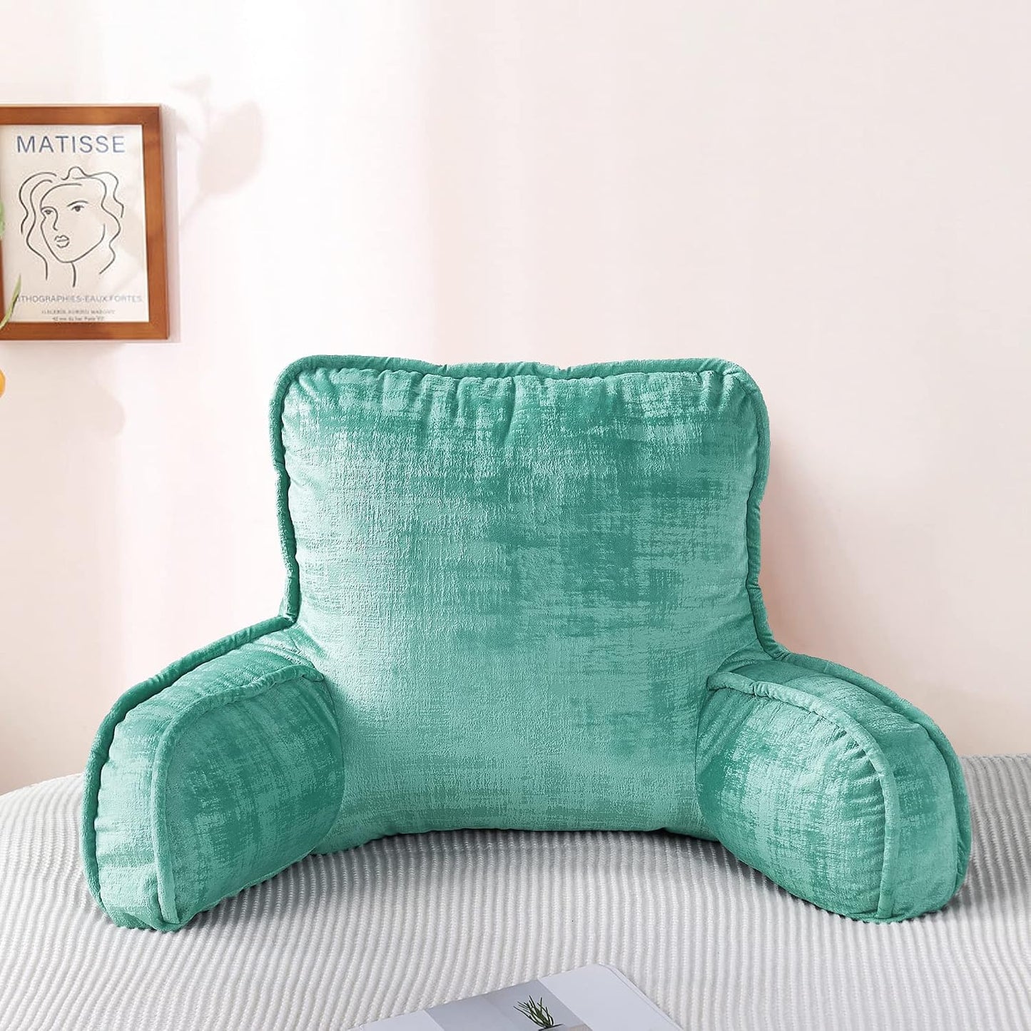 DIY Assembly Art Velvet Backrest Reading Bed Rest Pillow with Arms & Pockets, 18" H for Sitting in Bed Couch Sofa, Back Support Cushion with Removable Cover, 20"x18"x17", Aqua