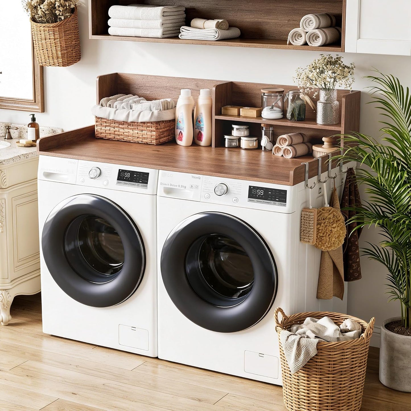 2-Tier Washer Dryer Countertop with Shelves & Metal Hooks, 27" W x 27.5" D Large Laundry Topper for Room Organization & Folding Clothes & Storage(Oak)