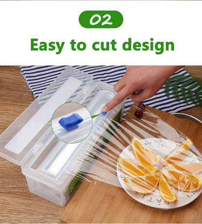 Plastic Wrap Dispenser, Slide Cutter 12‑Inch Cling Wrap Set | Refillable design fits 12‑inch rolls. Set includes cutting box and 328 Ft clear stretch film for food storage