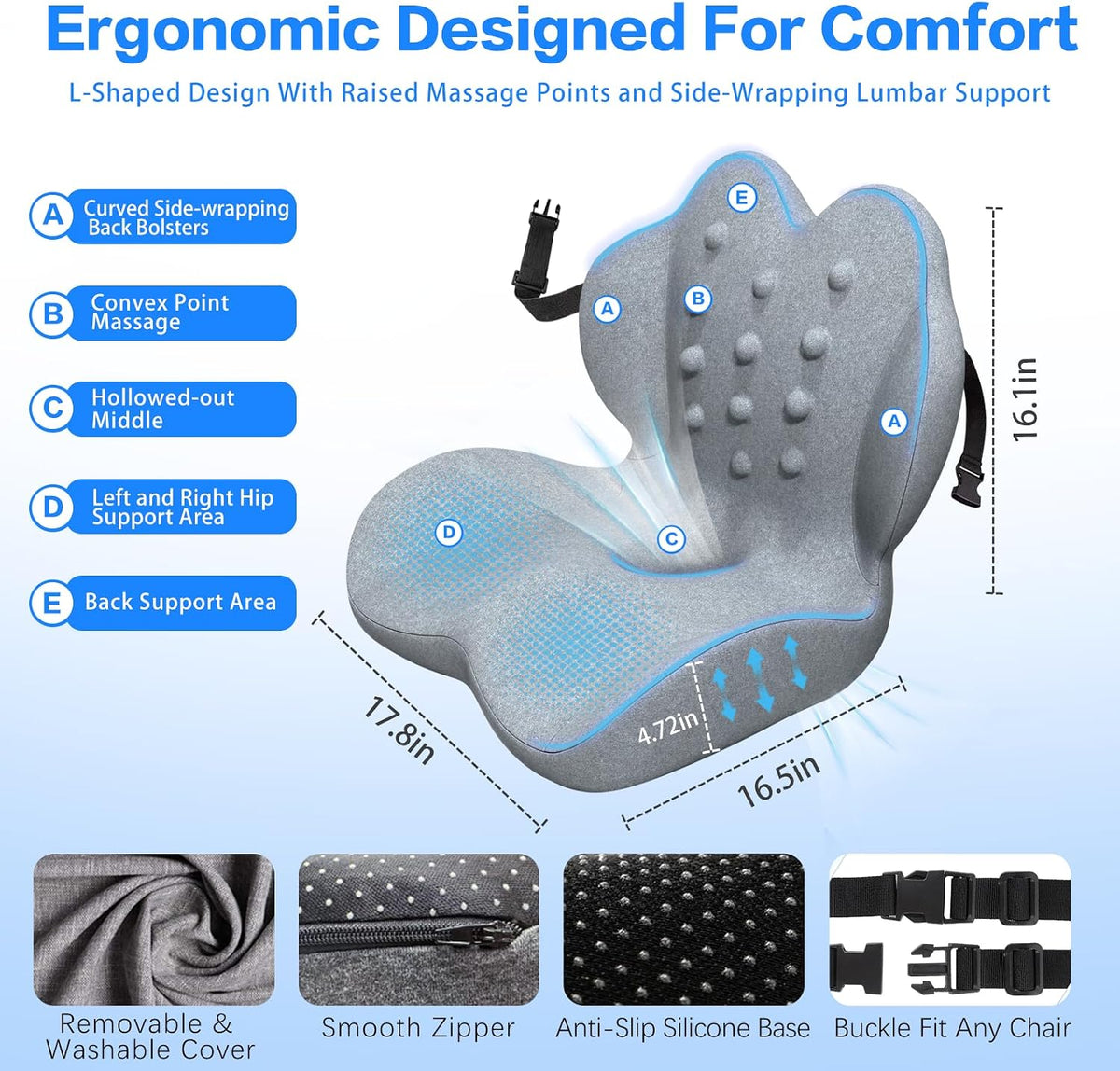 Memory Foam Seat Cushion with Lumbar Support for Sciatica & Tailbone Pain Relief, Fit Office Chair, Wheelchair, Car Seat, Airplane, Long Sitting Workers & Drivers (Gray)