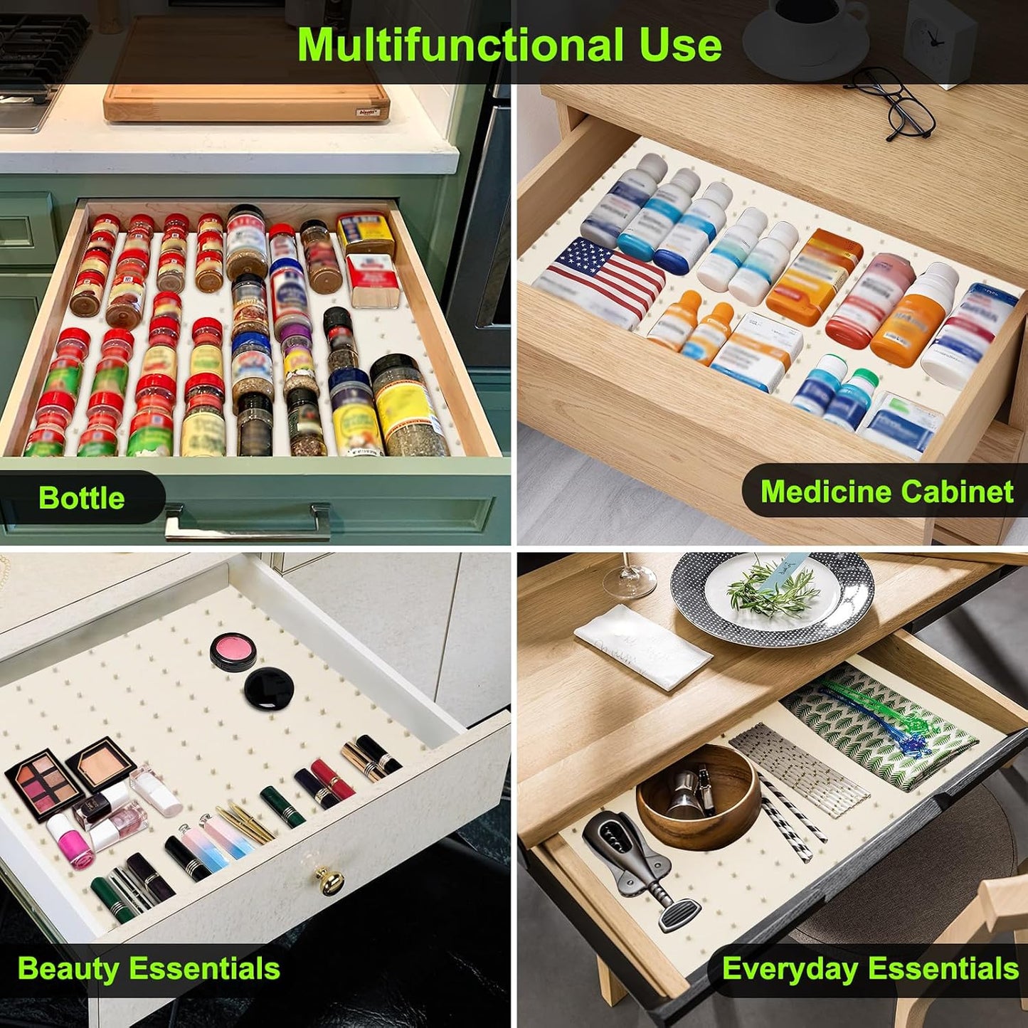 Spice Drawer Organizer Insert - Silicone Spice Drawer Liner Pearl | Adjustable non-slip liner organizer; in-drawer spice rack for seasoning jars, spice bottles, flat kitchen drawer organizer