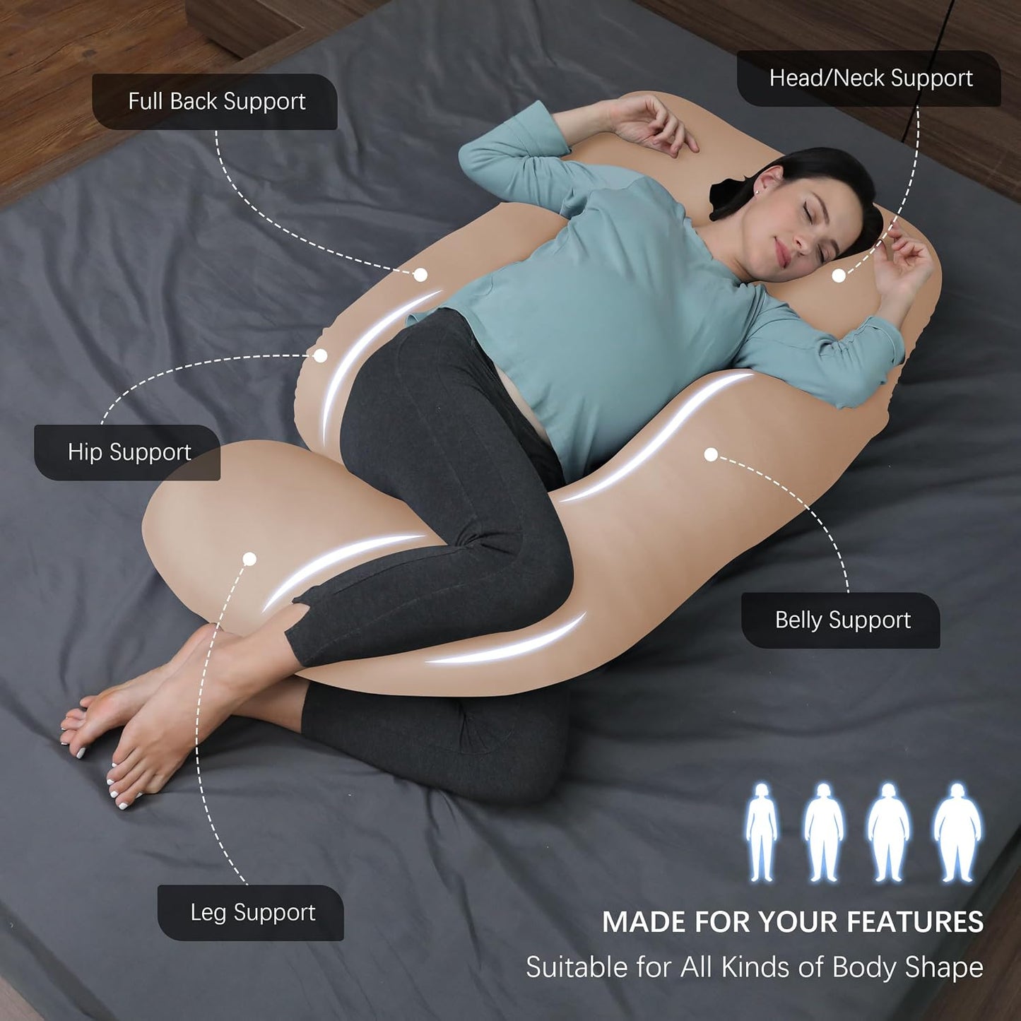 MOON PARK Pregnancy Pillows for Sleeping - 57 Inch U Shaped Full Body Maternity Pillow with Removable Cover - Support for Back, Legs, Belly, Hips - Pregnancy Pillow for Women - Grey