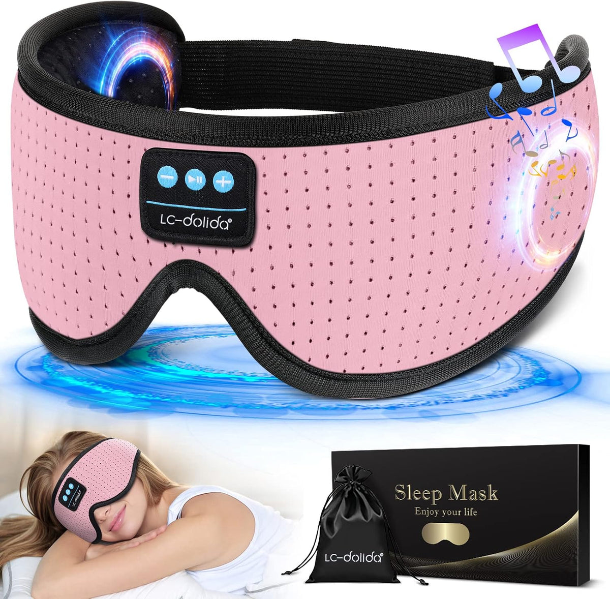 LC-dolida Sleep Headphones, White Noise Bluetooth Sleep Mask 3D Breathable Wireless Eye Mask for Timing, Sleep Mask with Bluetooth Headphones for Side Sleepers Travel Yoga, Cool Gadgets for Women Men