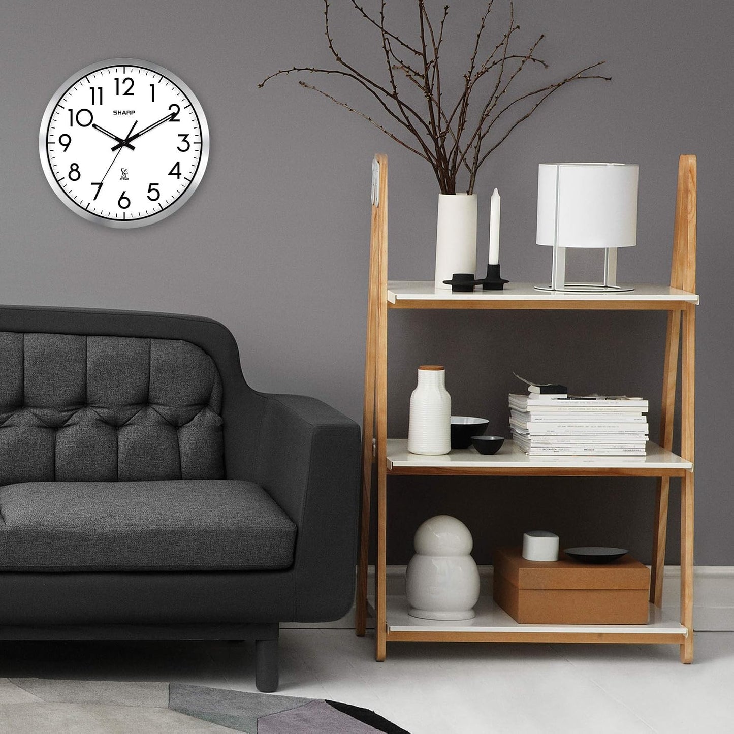 Sharp 12-Inch Atomic Wall Clock, Battery Operated, White with Black Frame | Self-setting atomic time; Easy-read analog face; Automatic time adjustment; Simple setup; Versatile home or office style