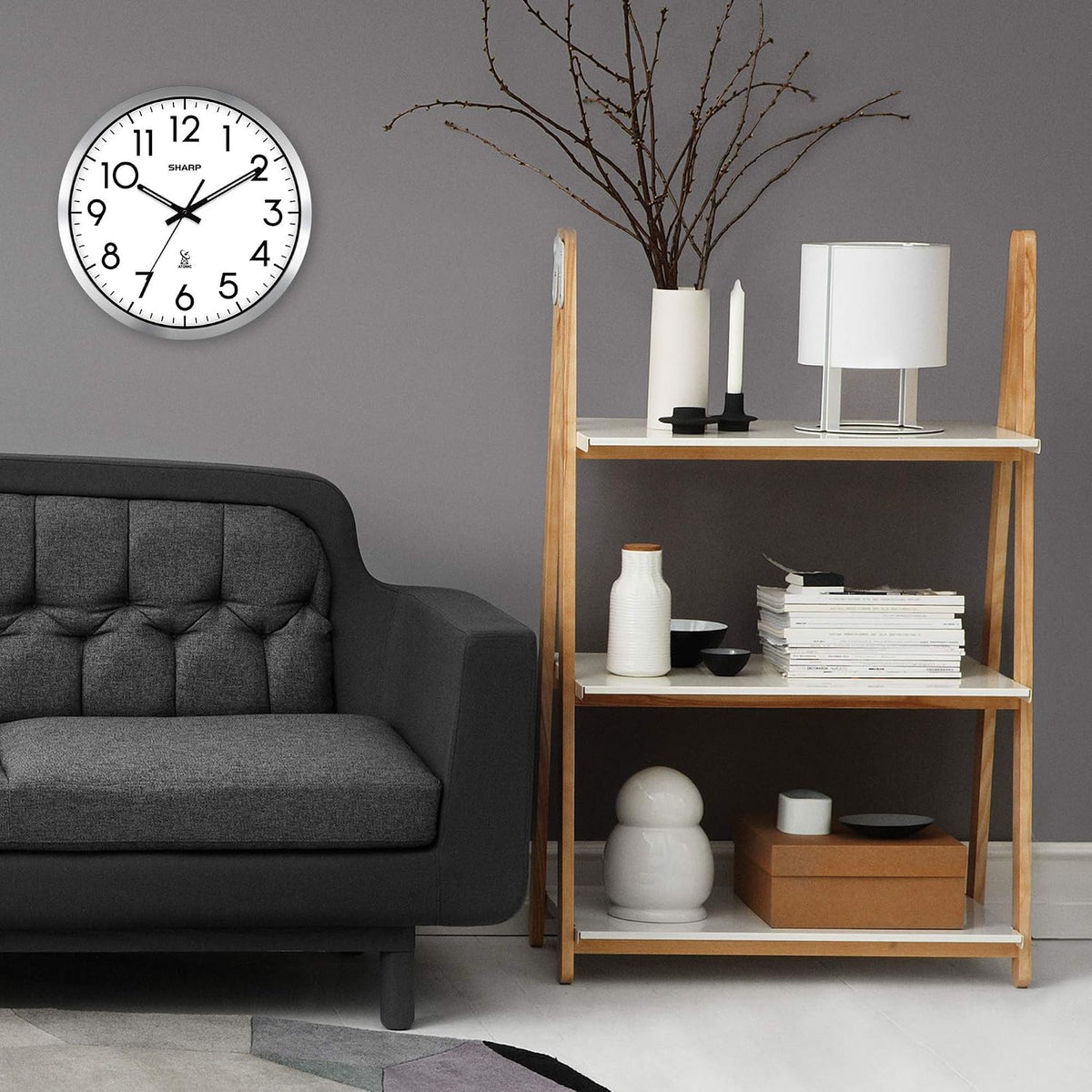 Sharp 12-Inch Atomic Wall Clock, Battery Operated, White with Black Frame