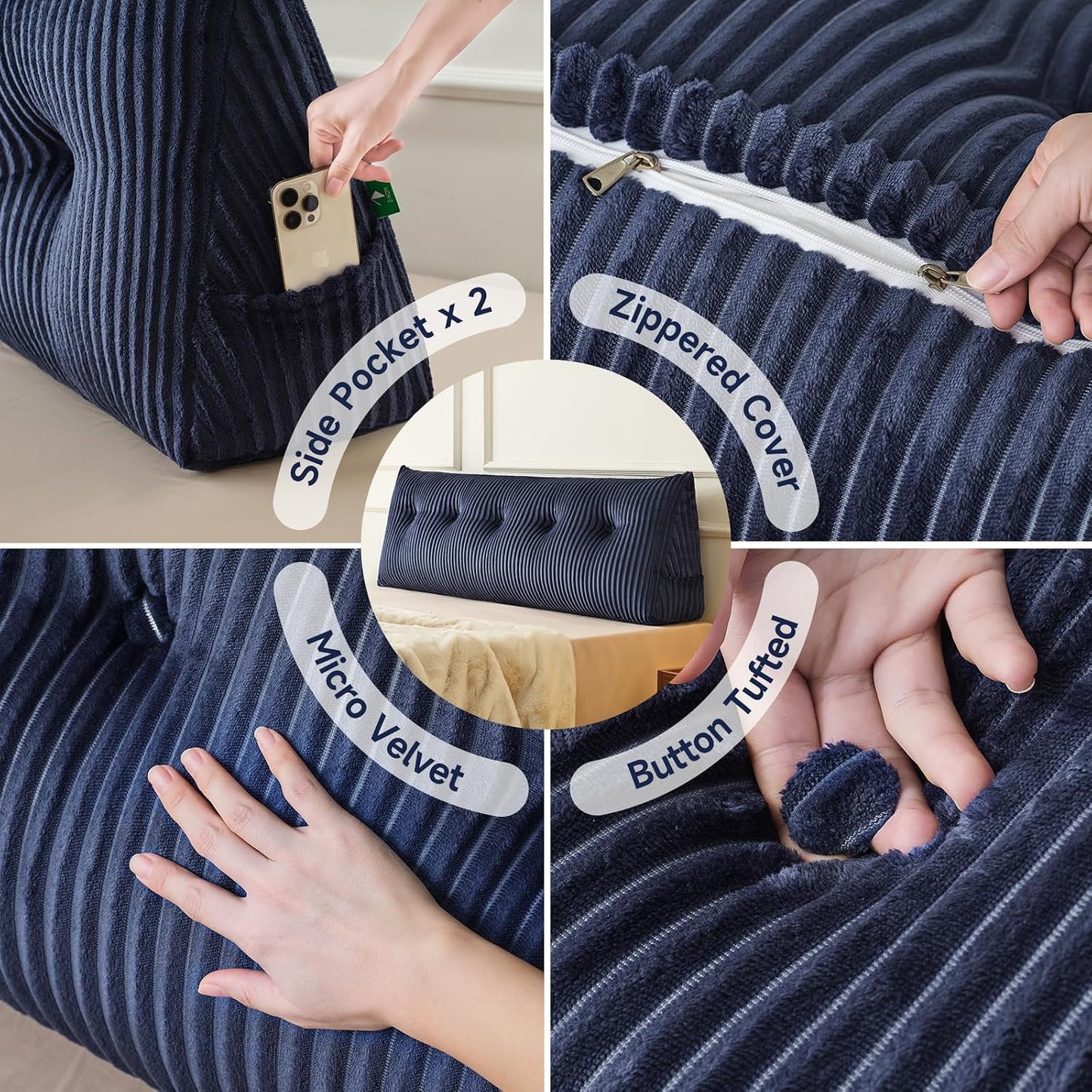 Z-hom Headboard Pillow, Wedge Backrest Cushion, Queen Size,NO Roll Pillow | Grey Triangular Backrest Cushion Equipped,NO Roll Pillow,Ideal for Reading,Sitting Up in Bed&Filling Headboard Gaps