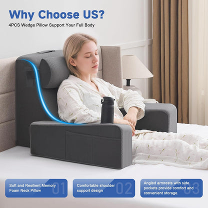 Reading Pillow for Sitting in Bed Adult, Back Pillow for Bed Sitting up with Arms, Pockets and Cup holder, Sit Up Backrest Pillows for Beds Chair Support, Rest Pillow for Gaming (Light gray)