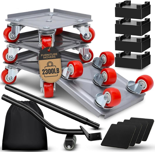 Furniture Moving Dolly Set – Heavy Duty 2300 lb Capacity, 5-Wheel System with Lifter Tool, 360° Swivel Casters, Floor-Safe Design, Includes Gloves & Bag – Move Heavy Items Easily