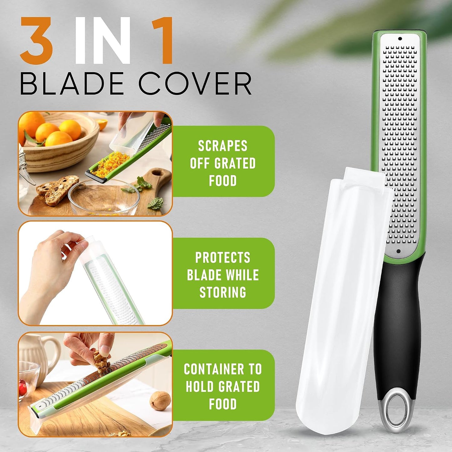 Spring Chef Stainless Steel Lemon Zester - Garlic & Ginger Grater - Gray | Premium Zester with Blade Cover, Cheese Grater with Handle for Parmesan, Nutmeg, Lime - Durable Citrus Zester, Fine Shred