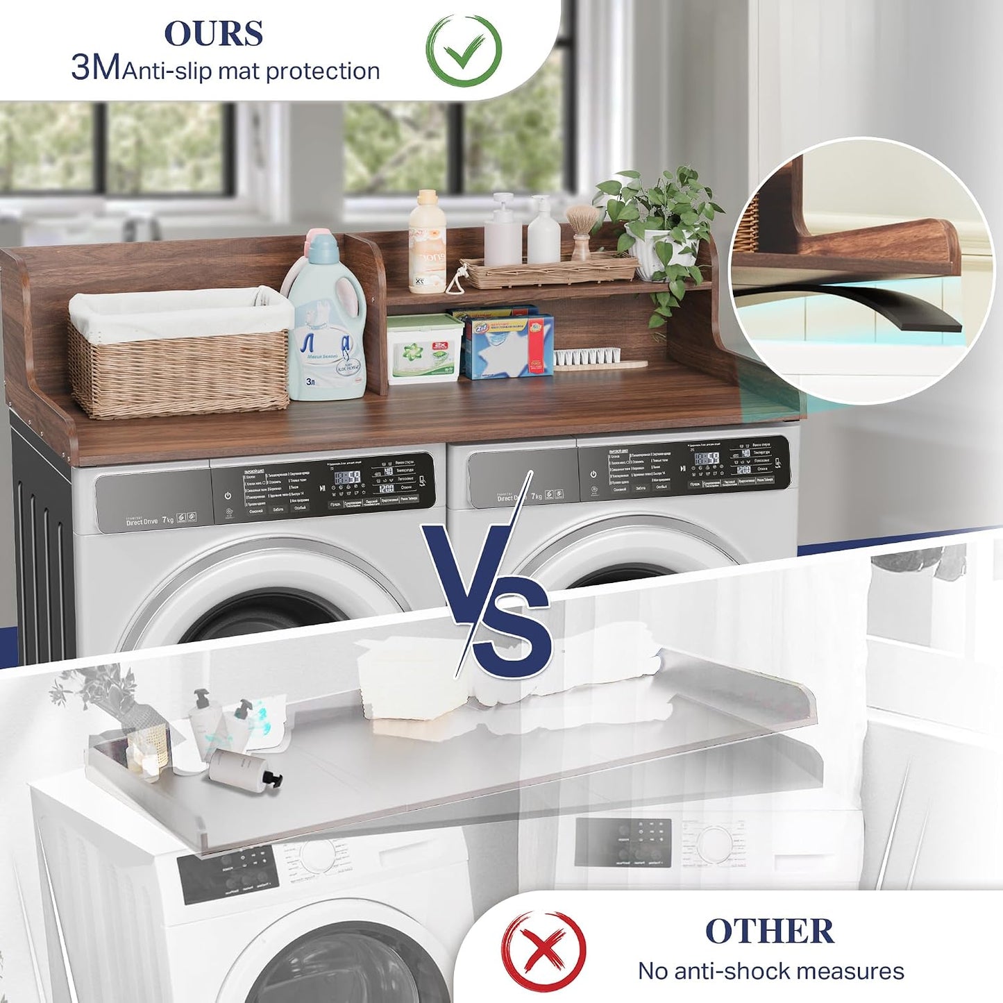 DTK Washer Dryer Wood Countertop with Shelf, Laundry Topper with Non-Slip Mat,27.55" Depth x 54" Width Dryer Covers for The Top with Edge Rails, Black