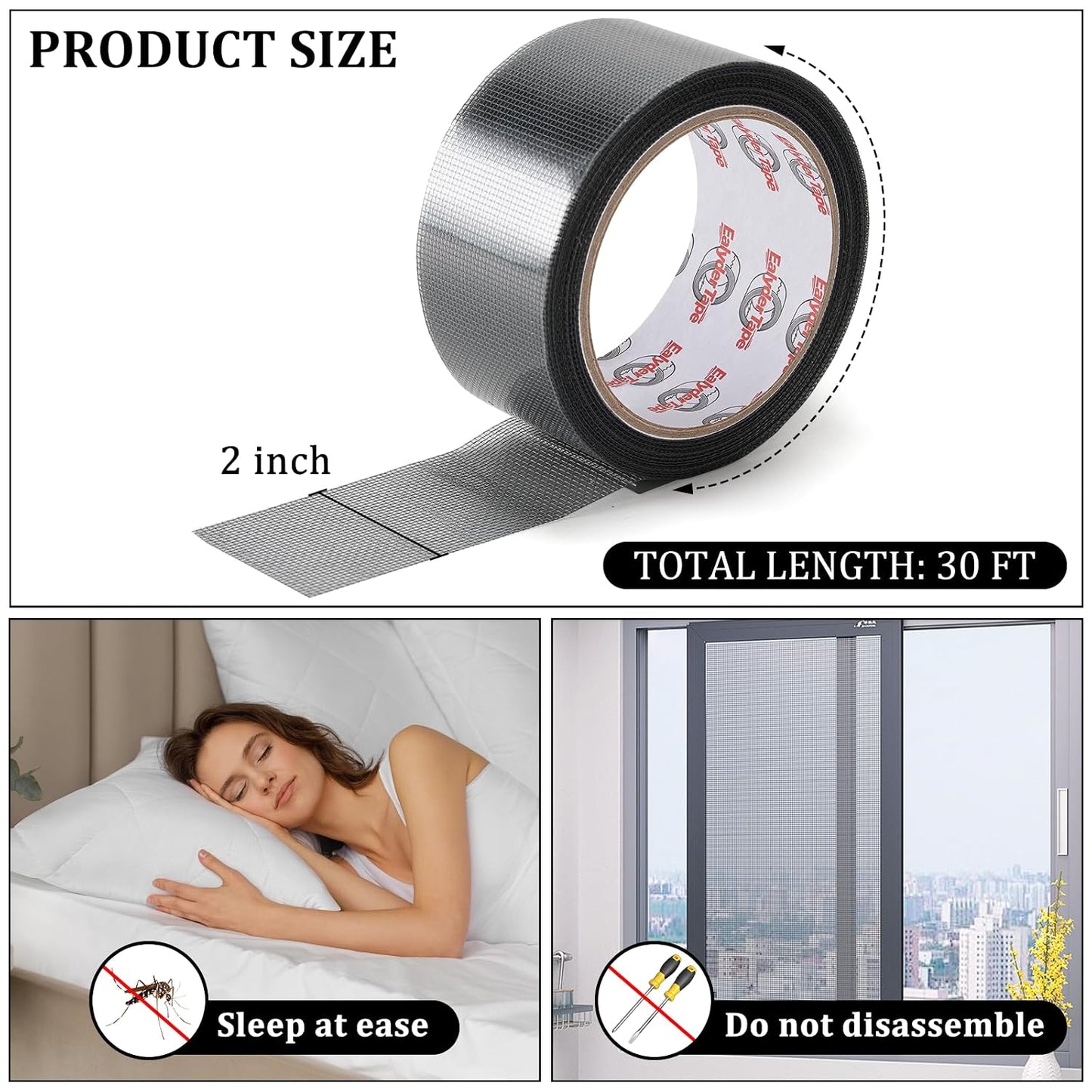 2" x 30FT Black Window Screen Repair Tape Fiberglass Mesh Patch Tape | Fiberglass Mesh Screen Repair Tape for Window & Door Tears, Strong Adhesive, Quick Fix Holes, Black Durable Mesh