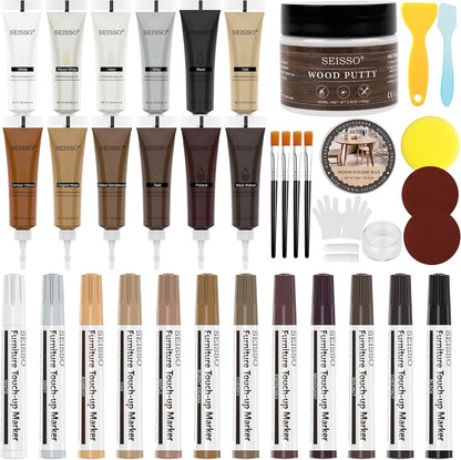 SEISSO Wood Furniture Repair Kit, Touch Up Markers Wood Fillers | Wood Putty with Polish Wax, 12 Colors Wood Repair Kit of Stains, Scratches, Holes, Cracks(40 PCs)