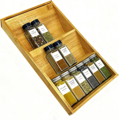 Bamboo Spice Drawer Organizer 3 Tier Seasoning Organizer Rack | Spice Rack Tray Kitchen Spice Rack Organizers &Storage for Drawer Kitchen Cabinet Seasoning Storage Insert for Cabinet Shelf