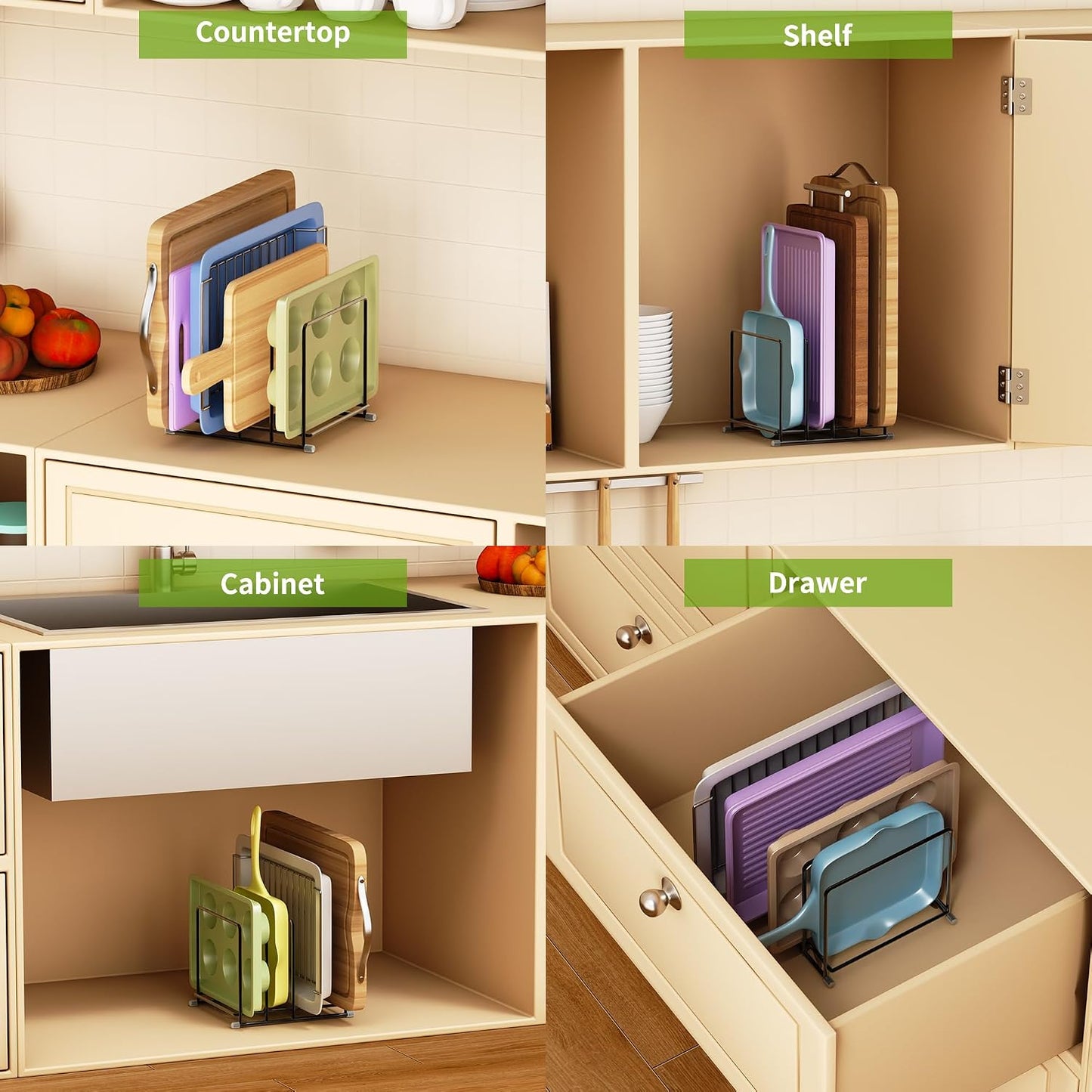 Cutting Board Organizer-1.6in Wide Kitchen Cutting Board Holder Stand for Pan,Baking Sheets,Cookie Sheets with 4 Slots,Baking Sheet Oragnizer(2PC-Medium)