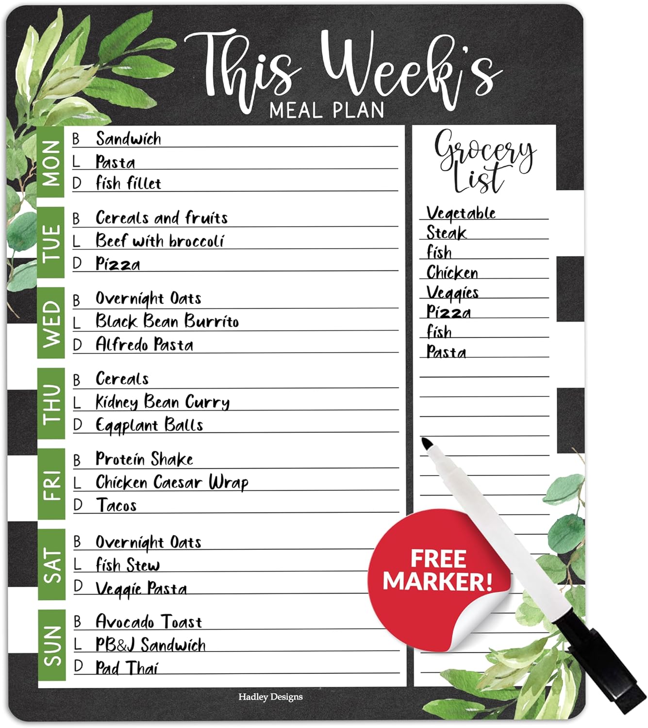 Hadley Designs Weekly Meal Planner for Fridge - Dinner Menu Board for Kitchen, Colorful Weekly Menu Board Dry Erase, Dry Erase Meal Planner for Fridge