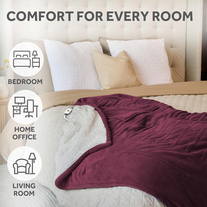Sunbeam Electric Throw Royal Mink Sherpa Heated Blanket, 4 Heat Settings, 4-Hour Auto Shut-Off, Fast Heating, Luxurious and Ultra Comfy, Cabernet Color, 50" x 60"