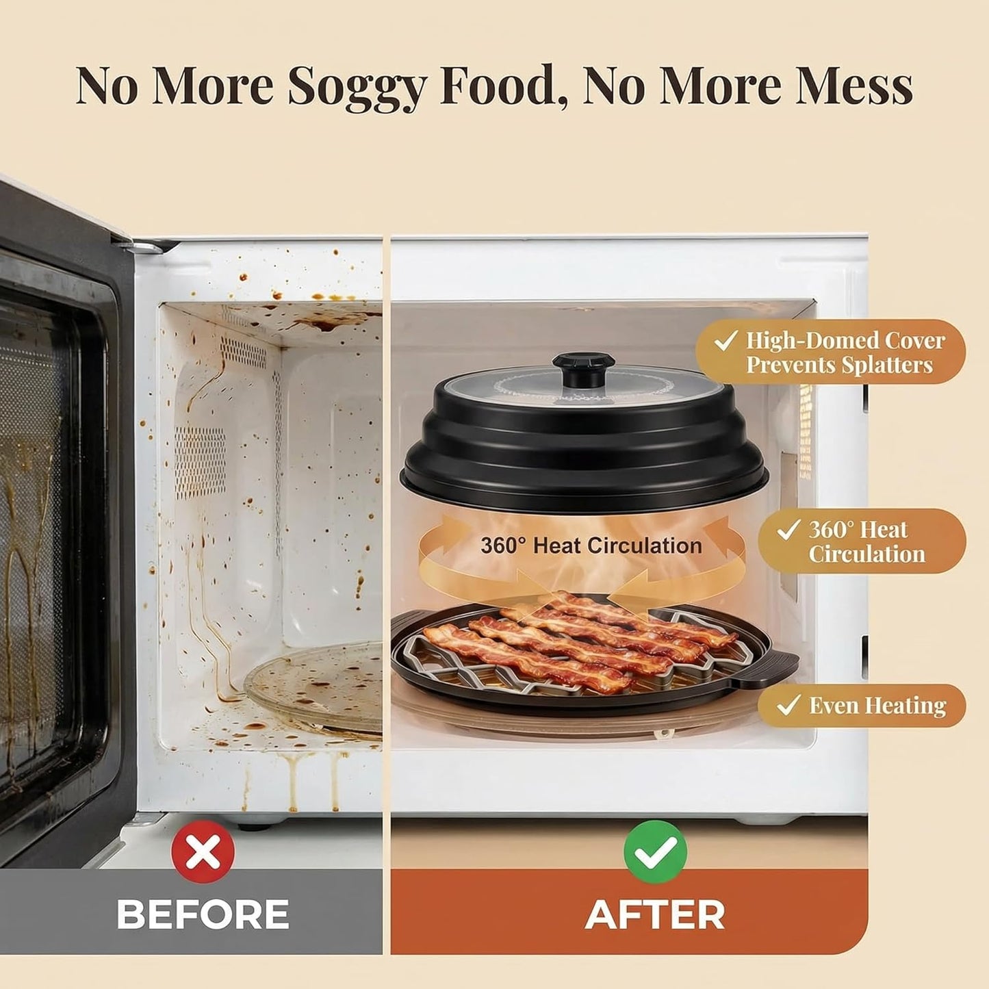 Microwave Bacon Cooker with Lid, 3-Piece Bacon Tray for Microwave Oven | Crispier Bacon with Less Grease,Collapsible Cover,Grease-Draining Rack,Oil Collection Tray,BPA-Free Material
