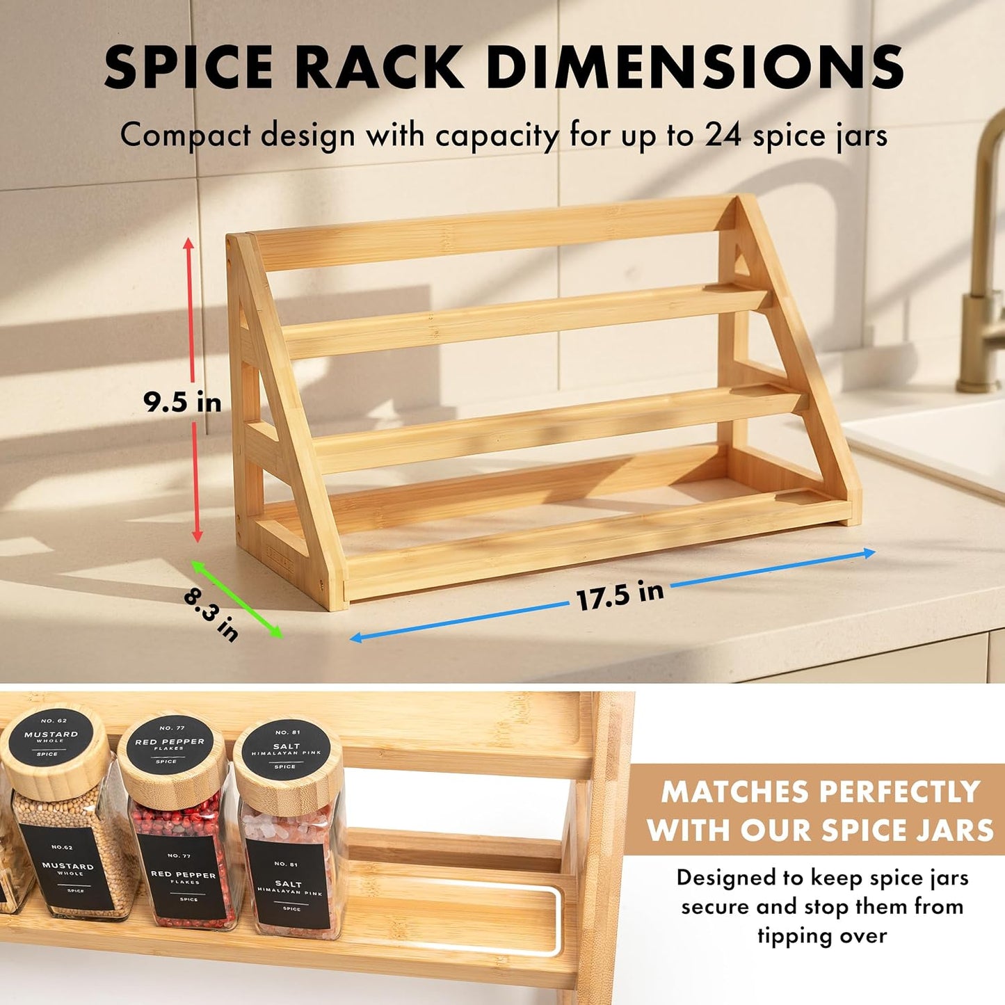 Bamboo Spice Drawer Organizer - Expandable 4 Tier Spice Rack (Need 3" Deep Drawer) 12" to 24" Wide, Seasoning Organizer, Organization Seasoning Rack insert (Jars Not Included)