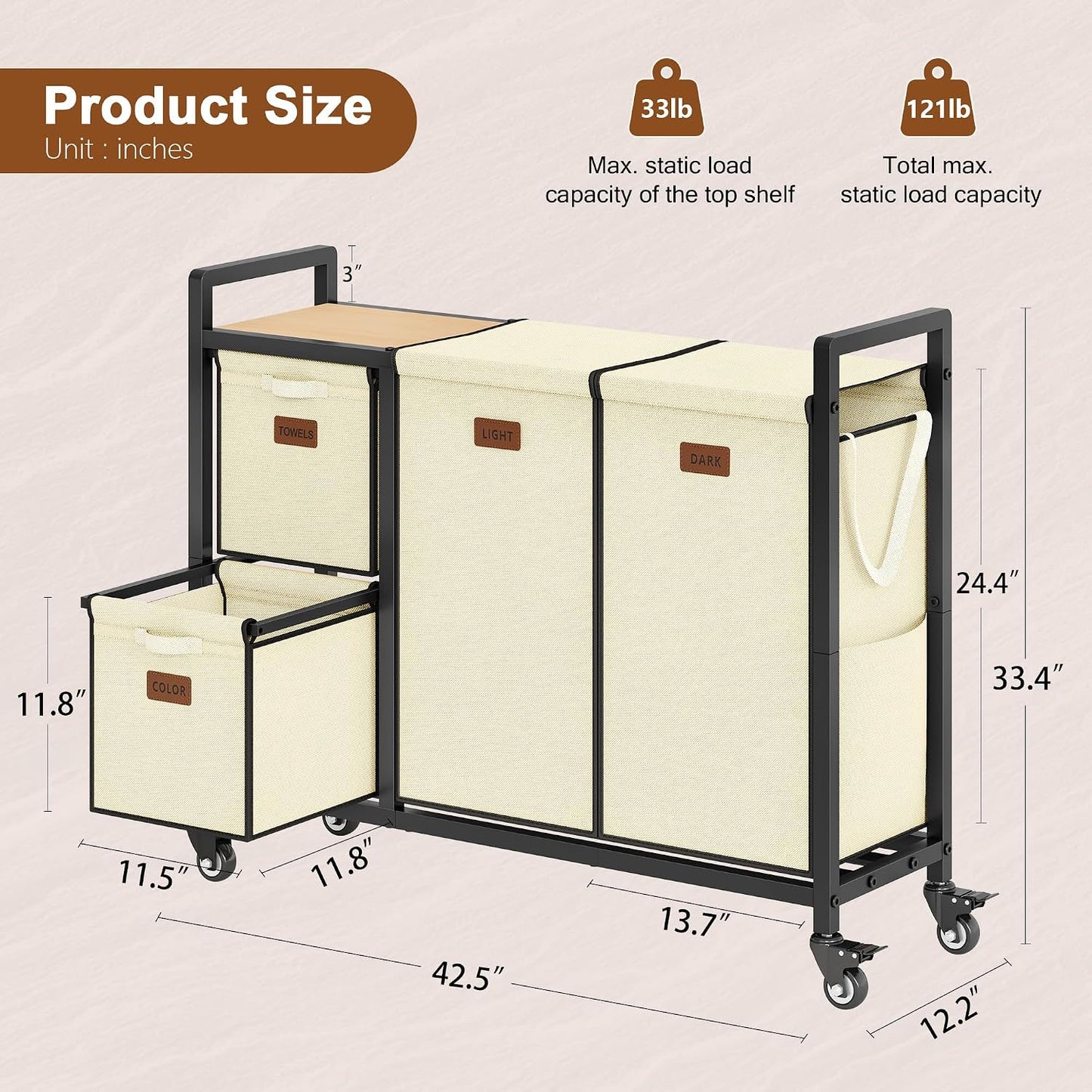 Hoctieon 4 Section Laundry Cart, 52.8 Gal. (200L) Laundry Hamper with Lid, Laundry Basket with Wheels, Rolling Laundry Sorter Organizer with Shelf, Clothes Separator with Removable Bags, Black