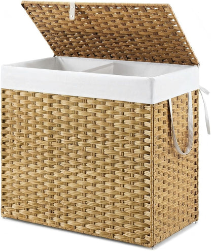NEWBULIG Laundry Hamper Sorter with Wheels, Rolling Laundry Basket with Shelf & Removable Pull-Out Bag, Dirty Clothes Hamper for Room Organizer, 3 x 10.6 Gal (120L) - Rustic Brown and Black
