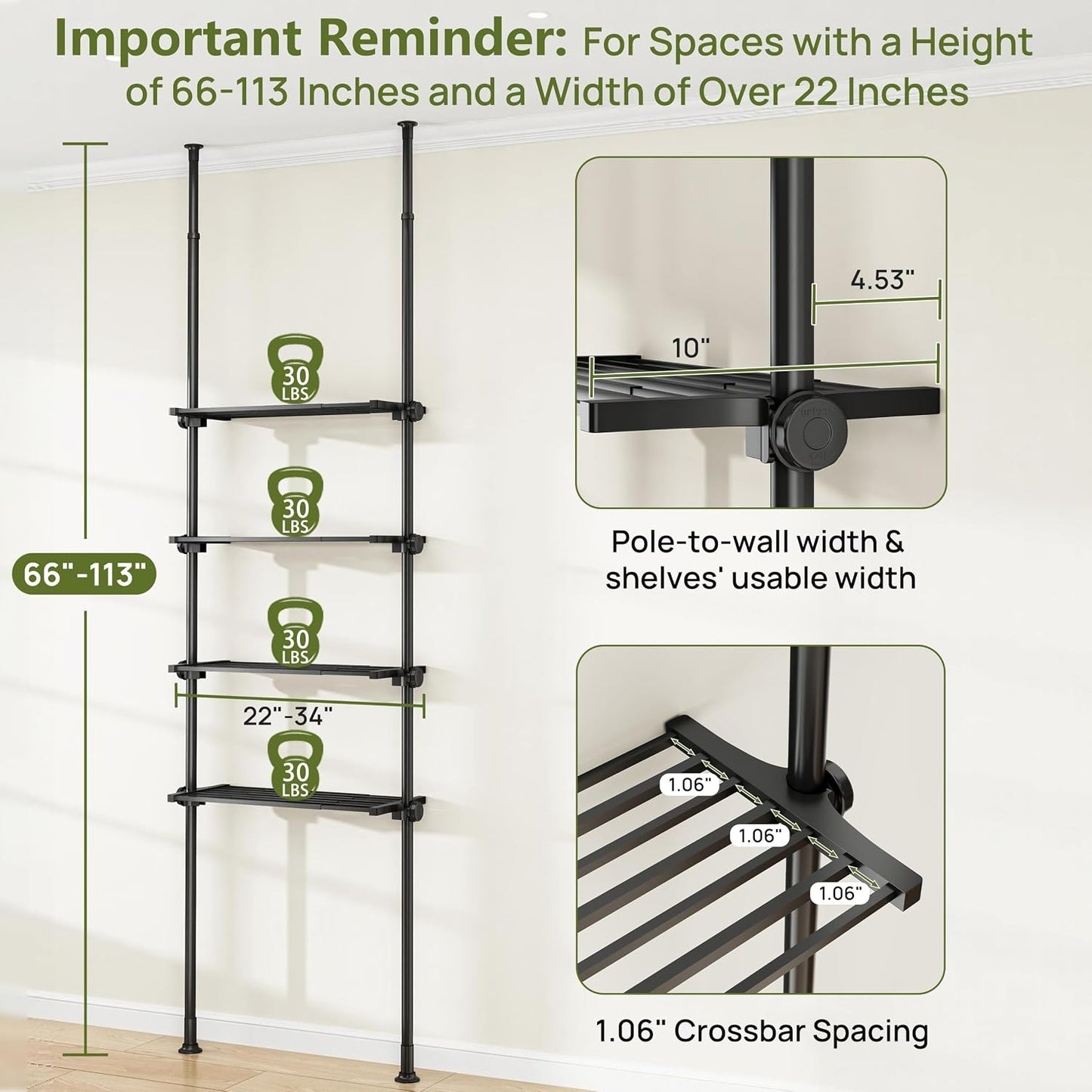 ALLZONE Adjustable Over The Toilet Storage Shelf, 4-Tier Ample Bathroom Organizer and Storage, Tension Mounted Above Toilet Storages Cabinet for Versatility, Fits 66-113 Inch Heights, Black