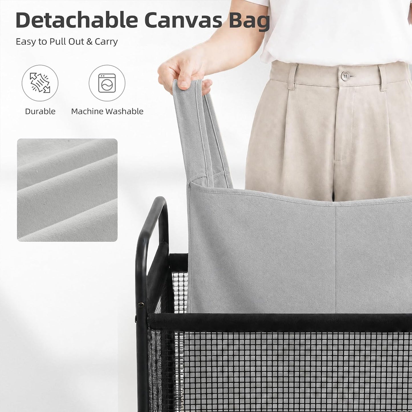 STORAGE MANIAC Rolling Laundry Hamper with Wheels 2-Section Laundry Sorter Rolling Laundrys Basket on Wheels with Removable Bag Clothes Hamper Laundrys Organizer Cart Bathroom Bedroom 100L Beige
