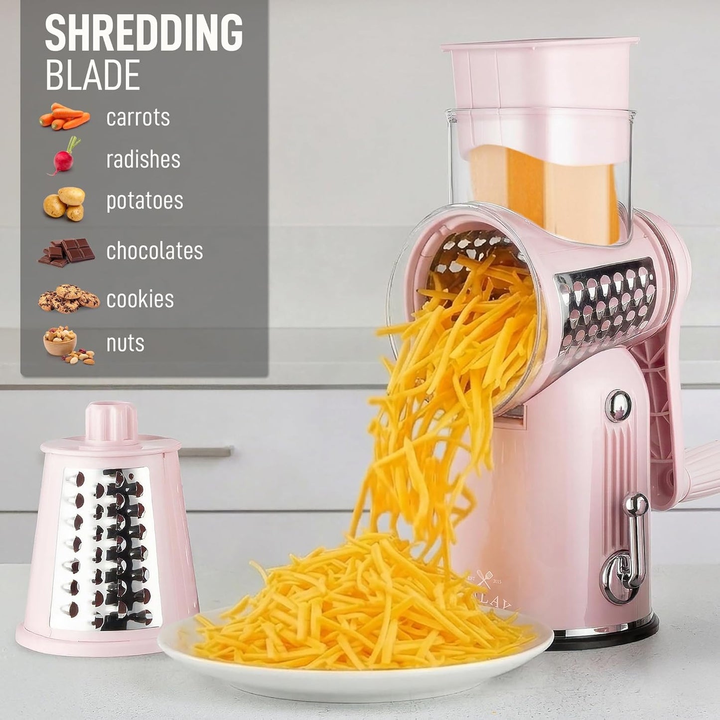Zulay Kitchen Rotary Cheese Grater 5 Blade Cheese Shredder - Manual Hand Crank Cheese Grater With Reinforced Suction & 5 Interchangeable Drums - Easy to Use, Vegetable Chopper Round Mandoline Slicer - Colors A