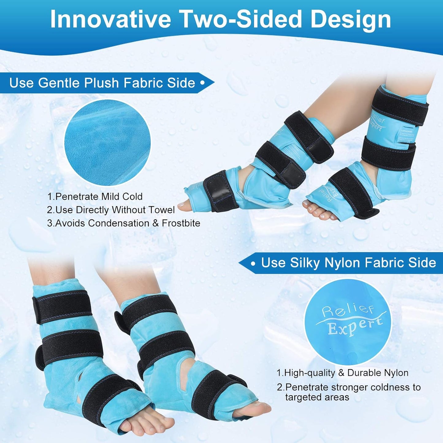 Relief Expert Ankle Ice Pack Wrap – Reusable Cold Gel Pack for Foot and Heel, Dual-Sided Design with Soft Plush Lining, Flexible Cold Compress for Achilles and Ankle Support, Blue